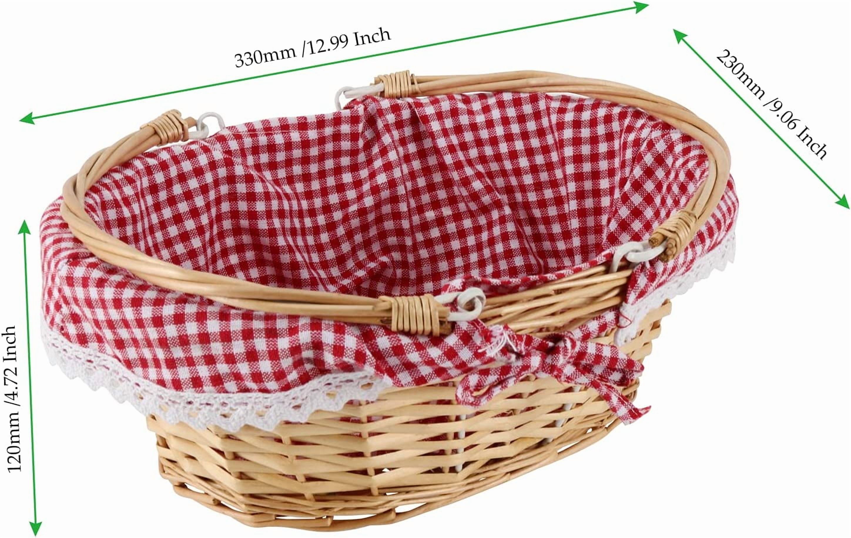 2 PCS Natural Wicker Basket with Double Handles and Washable Gingham Liner, Small Hand Woven Gifts Basket Empty for Easter, Picnics, Gifts, Home Decor, Candy Fruit Storage, 13 x 9 x 4.7 Inch