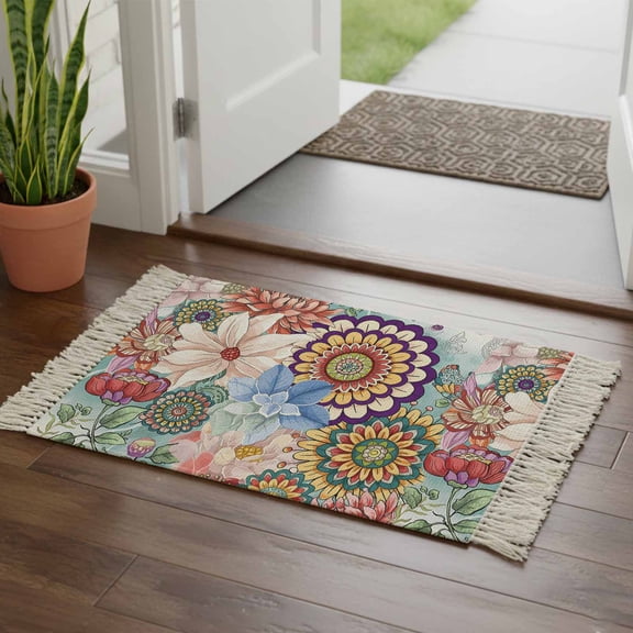 Boho Floral Bathroom Rug 2'x3', Bohemia Colorful Mandalas Botanical Flower Low Profile Front Entryway Rug with Tassels, Woven Cotton Washable Kitchen Mat Carpet for Foyer Bedroom Back Door Decor