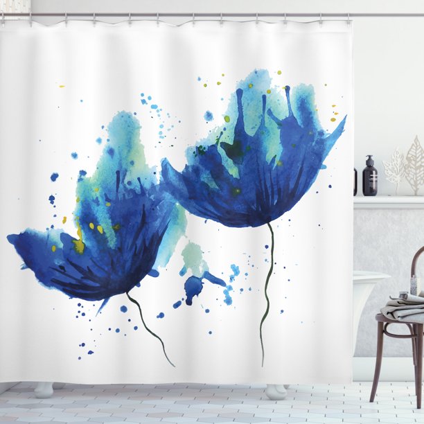 Blue Shower Curtain, Watercolor Style Effect Floral Decor Abstract Art