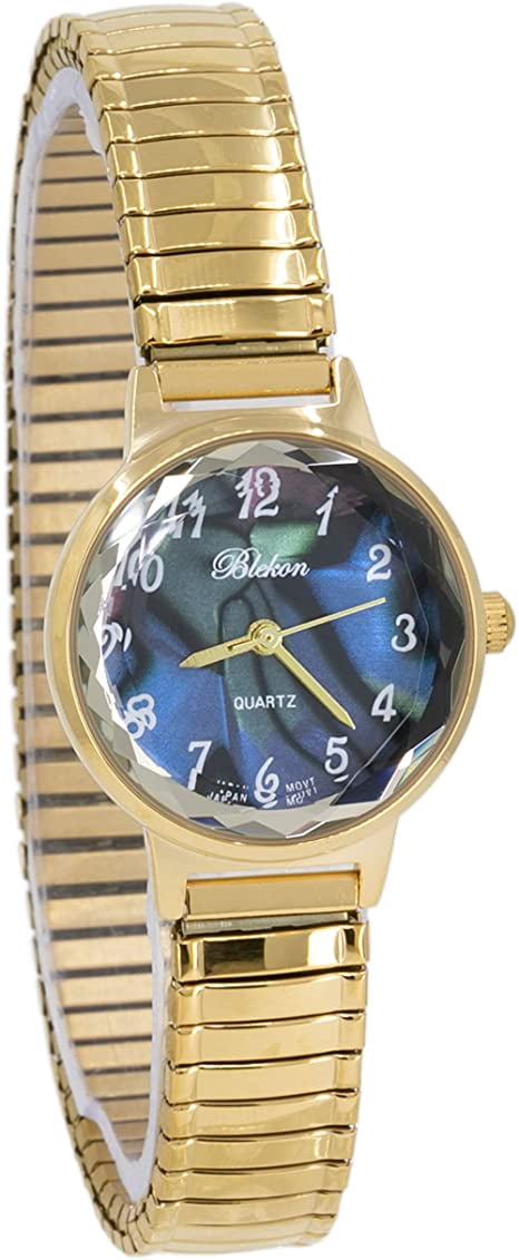 Blekon Collections Women's 25mm Analog Display Case Cut Crystal Mother of Pearl Dial Slim Metal Stretch Expansion Band Ladies Wrist Watch