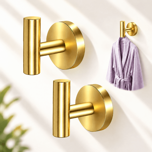 Suction Cup Towel Hooks, Brushed Gold 2 Pack No Drill Reusable Bathroom Robe Hooks, Wall Mount Shower Hooks for Towels, Loofah, Fits Tile, Glass, Mirror & Smooth Surfaces