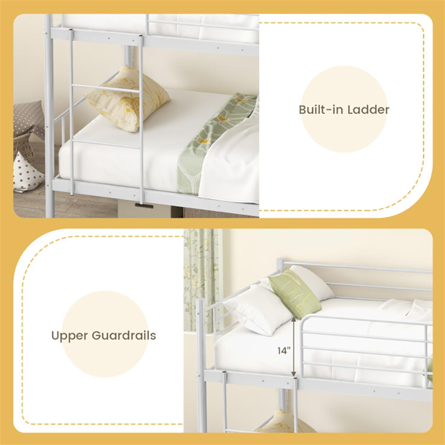 Demi Bonn Metal Bunk Bed Frame Twin Over Twin with Ladder and Full-length Guardrails, Heavy Duty Metal Bed Frame, White