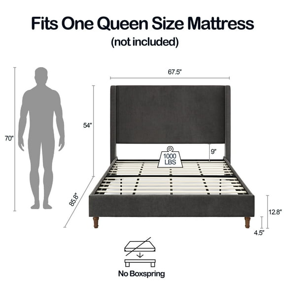 Bed Frames Harper Tall Headboard Upholstered Bed / 54" High Headboard / Elegant Simplicity / No Box Spring Needed / Easy Assembly / Queen / Dark gray velvet,Adjustable Bed Base