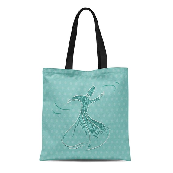 LADDKE Canvas Tote Bag Green Sufi Rumi Dervish Dance Semazen Whirling Music Durable Reusable Shopping Shoulder Grocery Bag