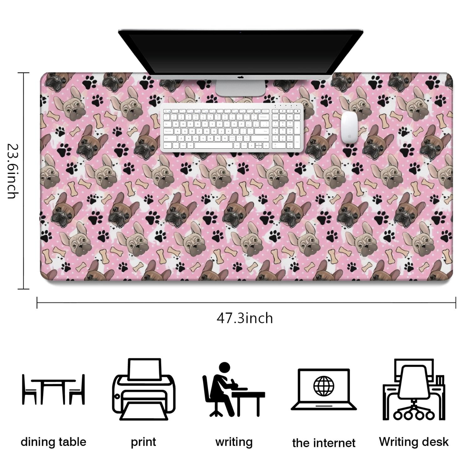 Long Mouse Pads for Desk,French Bulldog Cute Bone Paw Print Desk Mats on Top Of Desks, Desk Mouse Pad Extra Large with 3mm Non-Slip Base and Stitched Edge for Gaming,Office,Work,Home 47.3"x23.6"