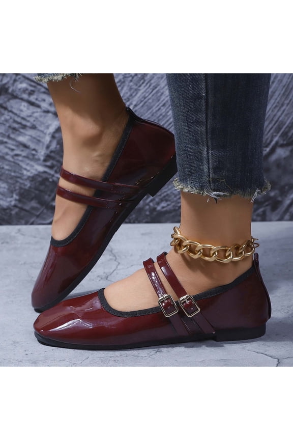 Womens Burgundy Mary Jane Flats, Glossy Patent Faux Leather Double Strap Ballet Flats with Adjustable Buckle, Square Toe Casual Comfort Shoes for Women (Wine),Size 8.5