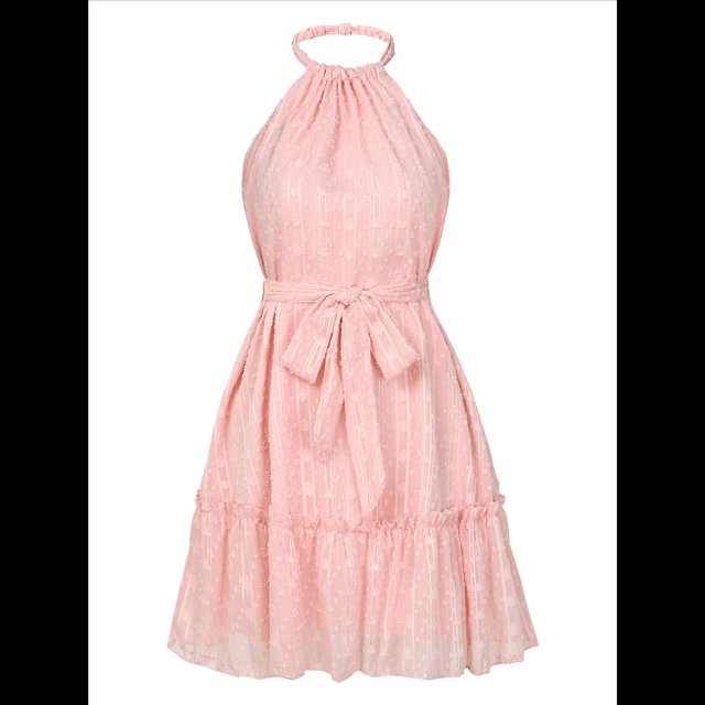 Vestido Sin Mangas con Espalda Descubierta y Volantes Rosa L