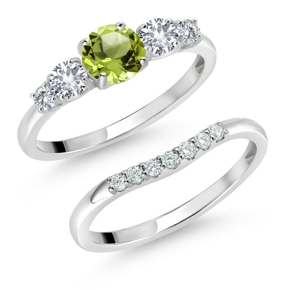Gem Stone King 10K White Gold Green Peridot White Created Sapphire and White Lab Grown Diamond 5 Stone Bridal Engagement Wedding Ring Set for Women (0.92 Cttw, Round: 5MM and 3MM, Size 8)