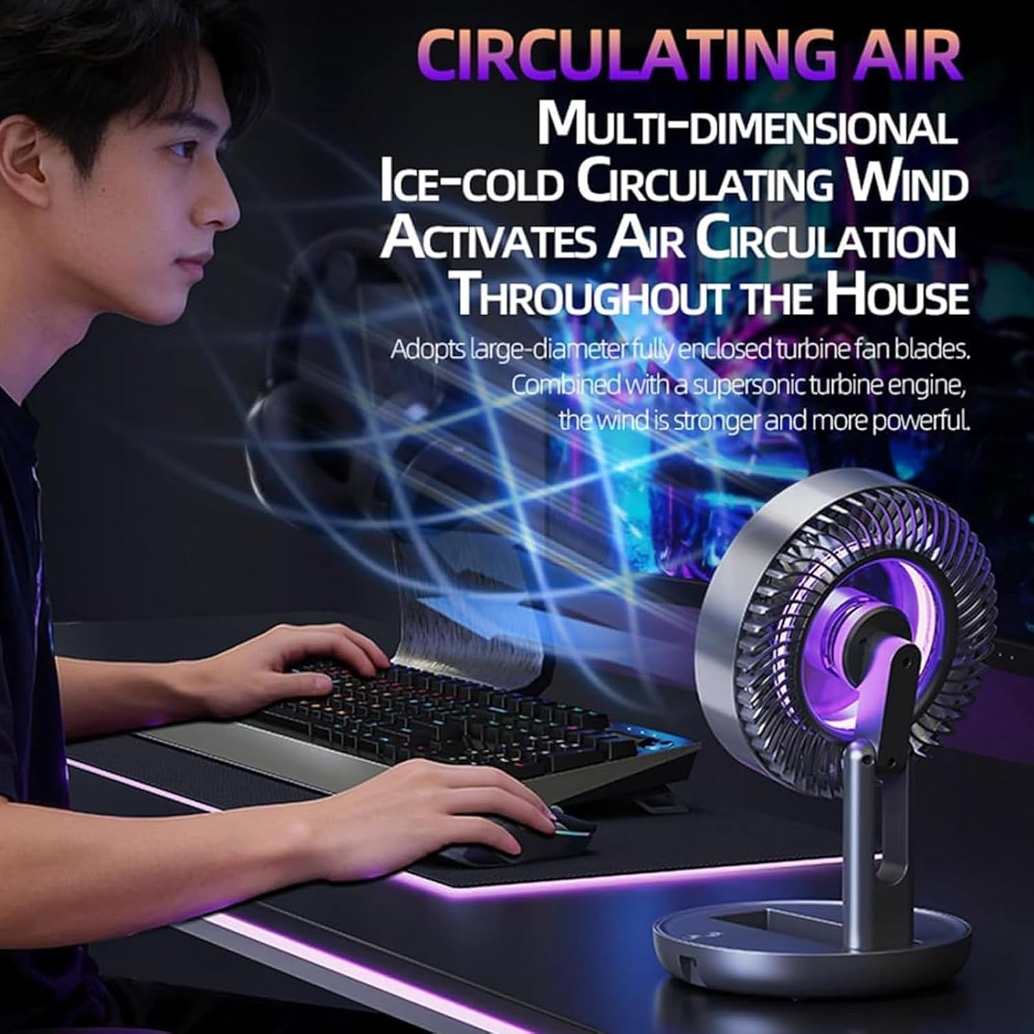 USB Desk Fan with LED Light, 3-in-1 Portable Foldable Table Fan, 5 Speeds, Rechargeable Wall-Mounted Quiet Cooling Fan for Home Office Kitchen Dorm(xxw)