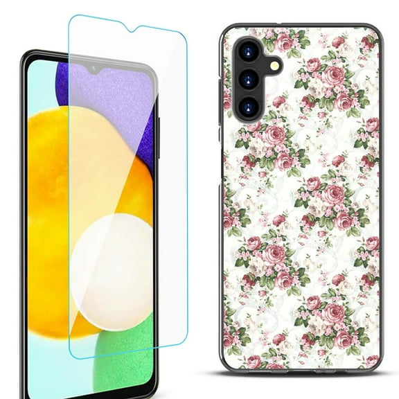 Slim-Fit Protective Fashion Phone Case (Black) for Samsung Galaxy A13 5G, with Tempered Glass Screen Protector, by OneToughShield ® - Floral/Rose