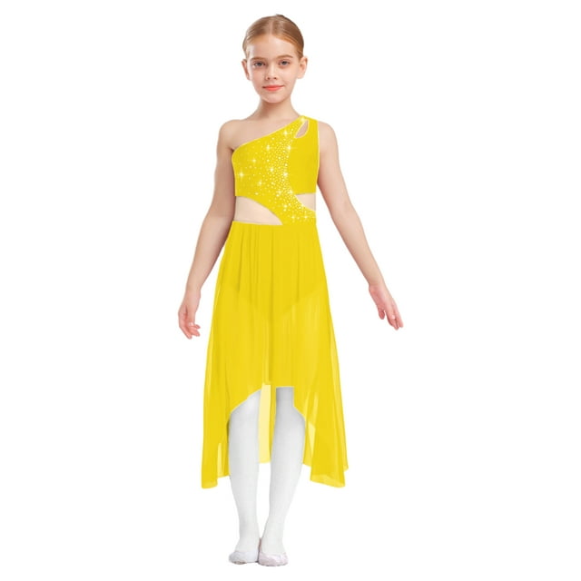 vastwit Robe de Danse Jazz Lyrique Ballet une Épaule Strass Scintillant pour Filles Enfants Jaune 14