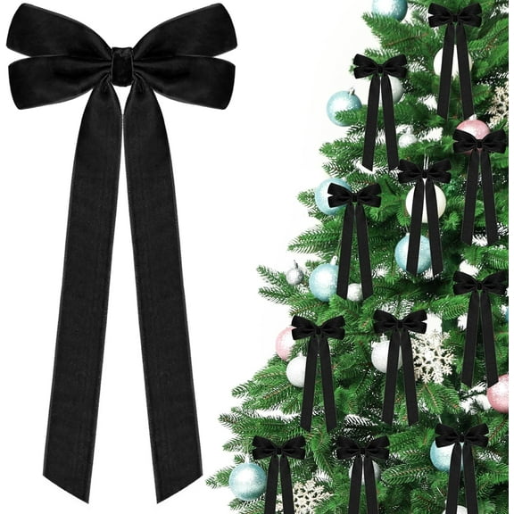 Guvpev 12Pcs 5in X 10in Black Velvet Ribbon Bows Christmas Tree Decorations, Xmas Ornaments Vintage Christmas Decor for Tree Home Party Front Door VintageWreath Holiday Decor
