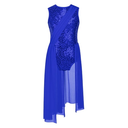 ZDHoor Kids Girls All Sequins Lyrical Modern Dance Costume Flowy Long Wrap Skirt Hollow Back Leotard Blue 8
