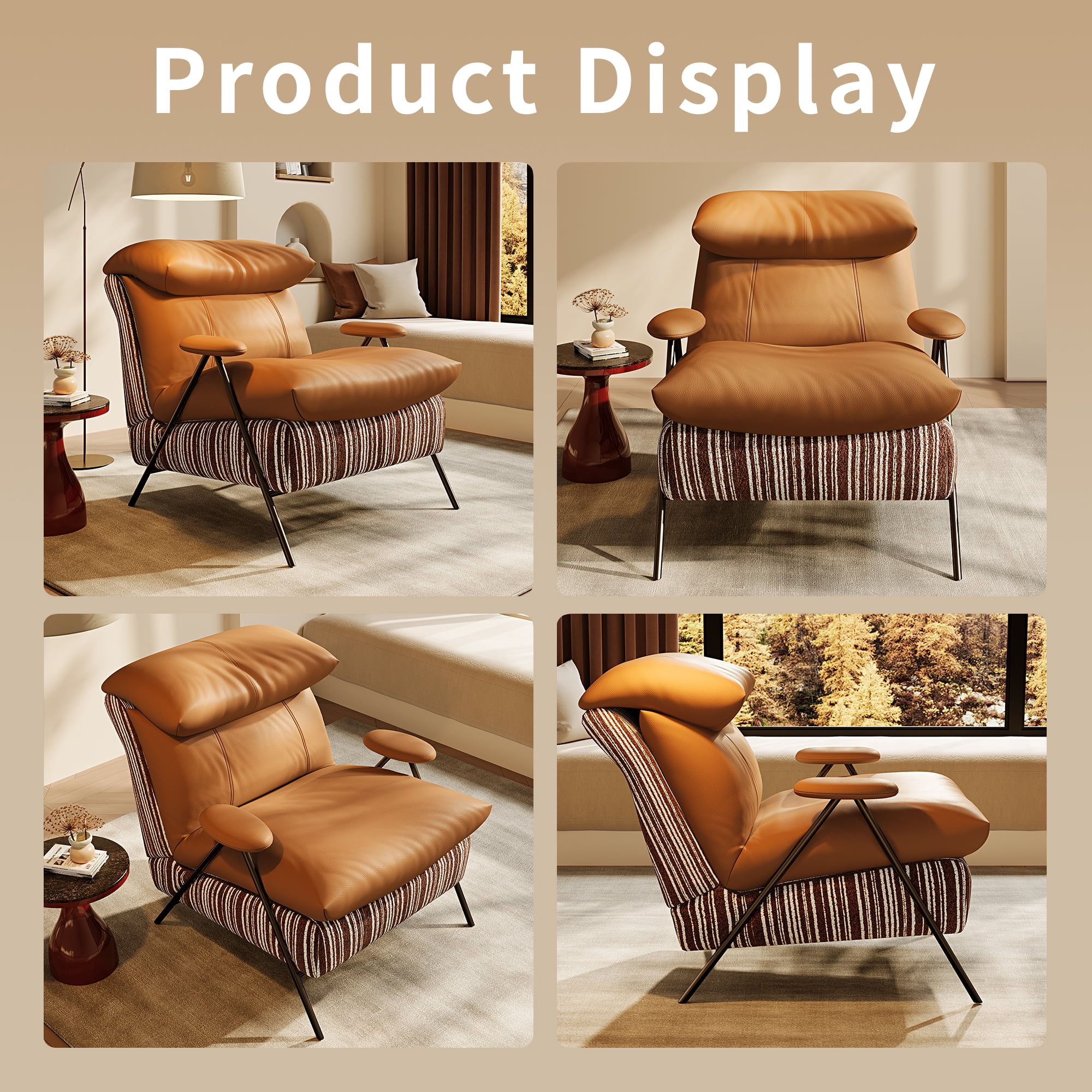 Minimalist Casual Single Chair With Solid Wood Frame, Upholstered In Leather And Chenille Fabric, Fits Balconies, Living Rooms And Bedrooms