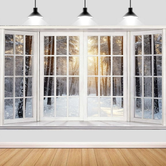 10X8ft Winter Window Photography Backdrop, Nature Snowflakes Snowy Scenery Forest French Window Background for Christmas Happy New Year Party Decorations Supplies Banner Photo Studio Props