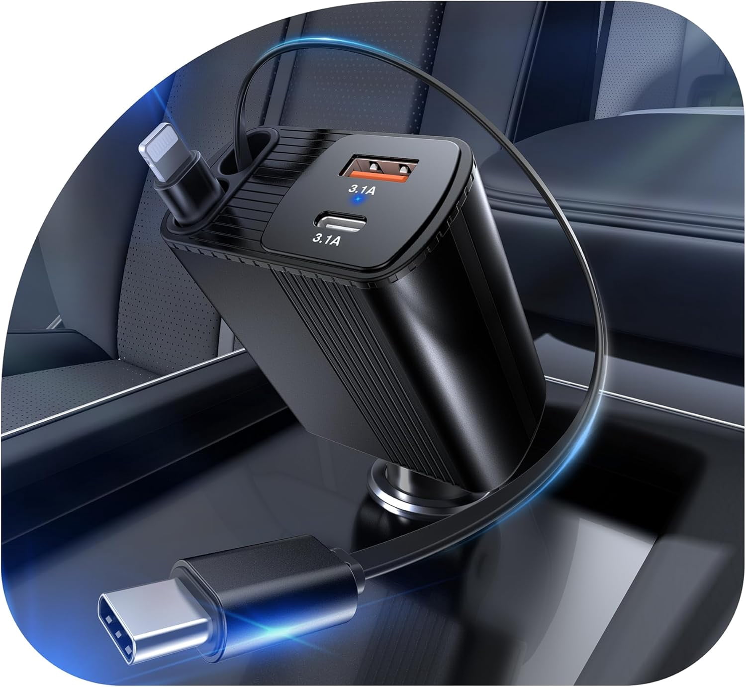 MHAWBL-85W Retractable Car Charger, 4-in-1 Fast Car Phone Charger with 2.6ft Two Retractable Cables and USB C+USB A Car Charging Block Cube, Compatible with iPhone 15 16 17 Pro Max Plus,Galaxy,Pixel(
