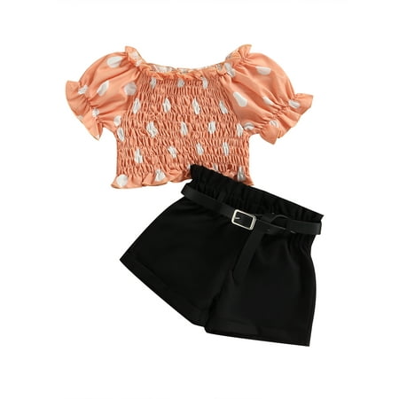 

Canrulo Lovely Baby Girls 2pcs Clothes Polka Dot Printed Ruffles Short Sleeve T Shirts+Shorts With Belt Sets Orange Black 1-2 Years