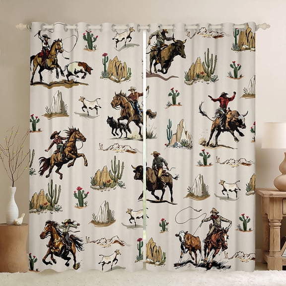 Feelyou Western Cowboy Cowgirl Black Out Curtains, Hippie Cactus Botanical Curtains Pack of 2 (42x63 Each), Rustic Sheep Cow Horse Bedroom Curtains, Window Curtains Decor