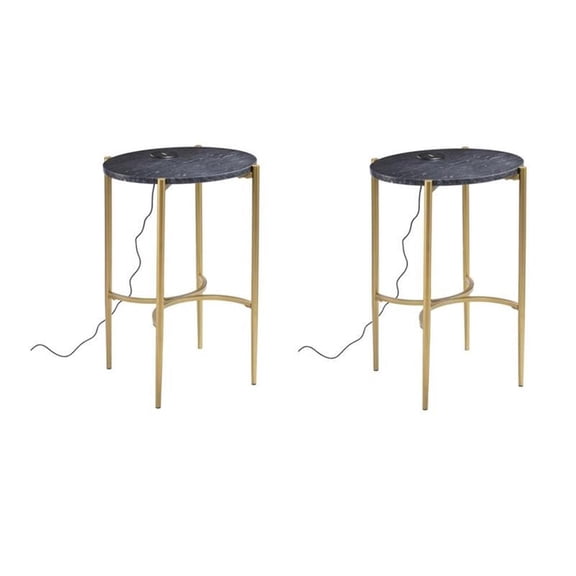 Pemberly Row Set of 2 End Tables with Wireless Charging Station Gold-Black