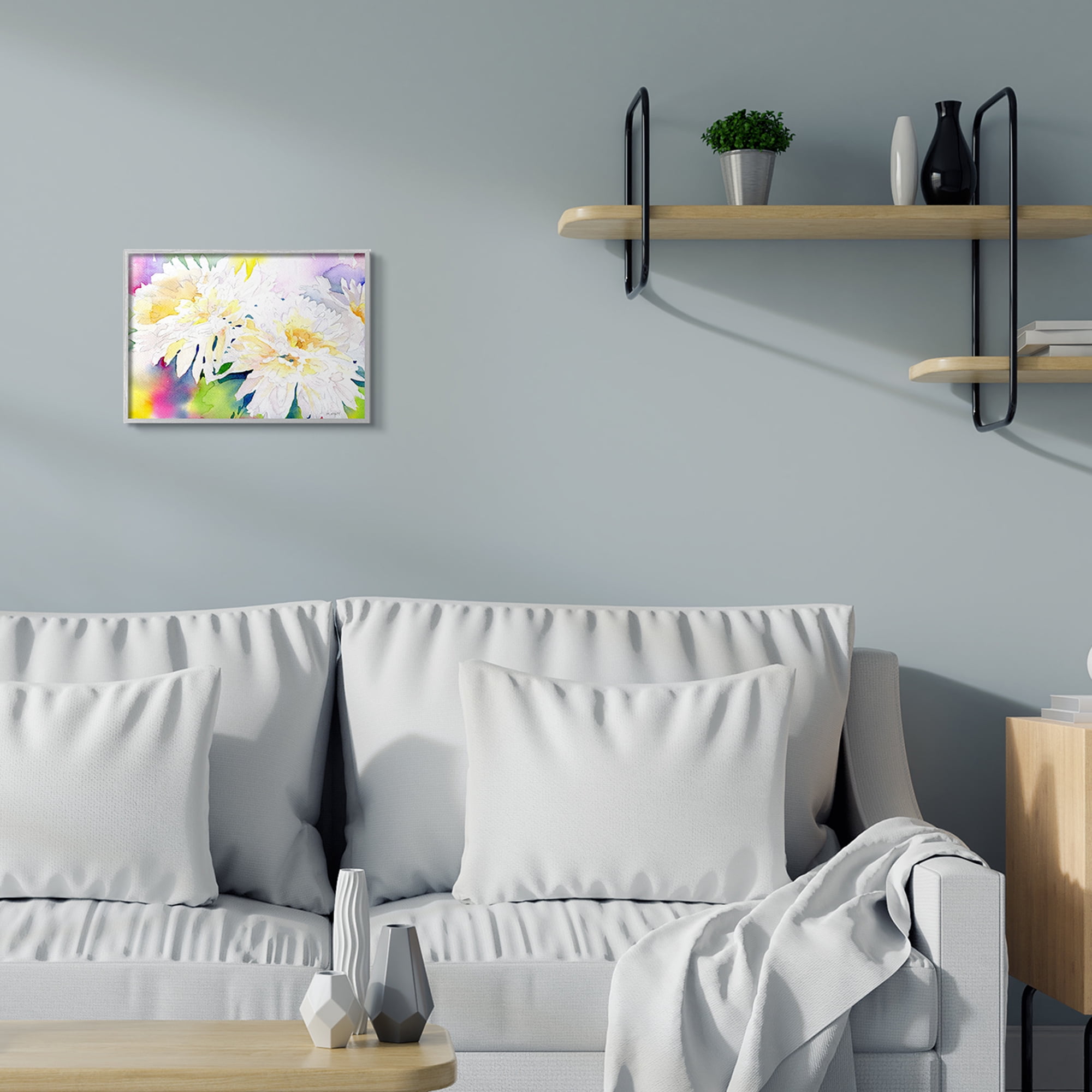 Stupell Industries White Mum Florals over Rainbow Watercolor Grey Framed, 11 x 14, Design by Melissa Hyatt LLC