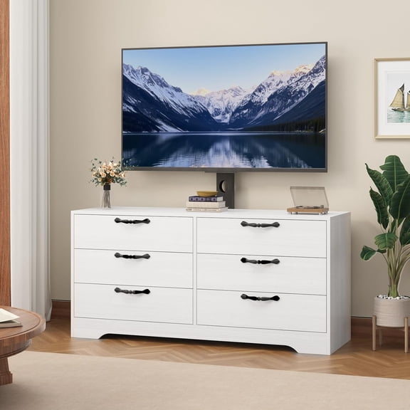 63 Inch TV Stand with Mount for TVs Up to 75 Inch, Modern Media Console with 6 Drawers, Adjustable Height Entertainment Center for Living Room Bedroom Office,White