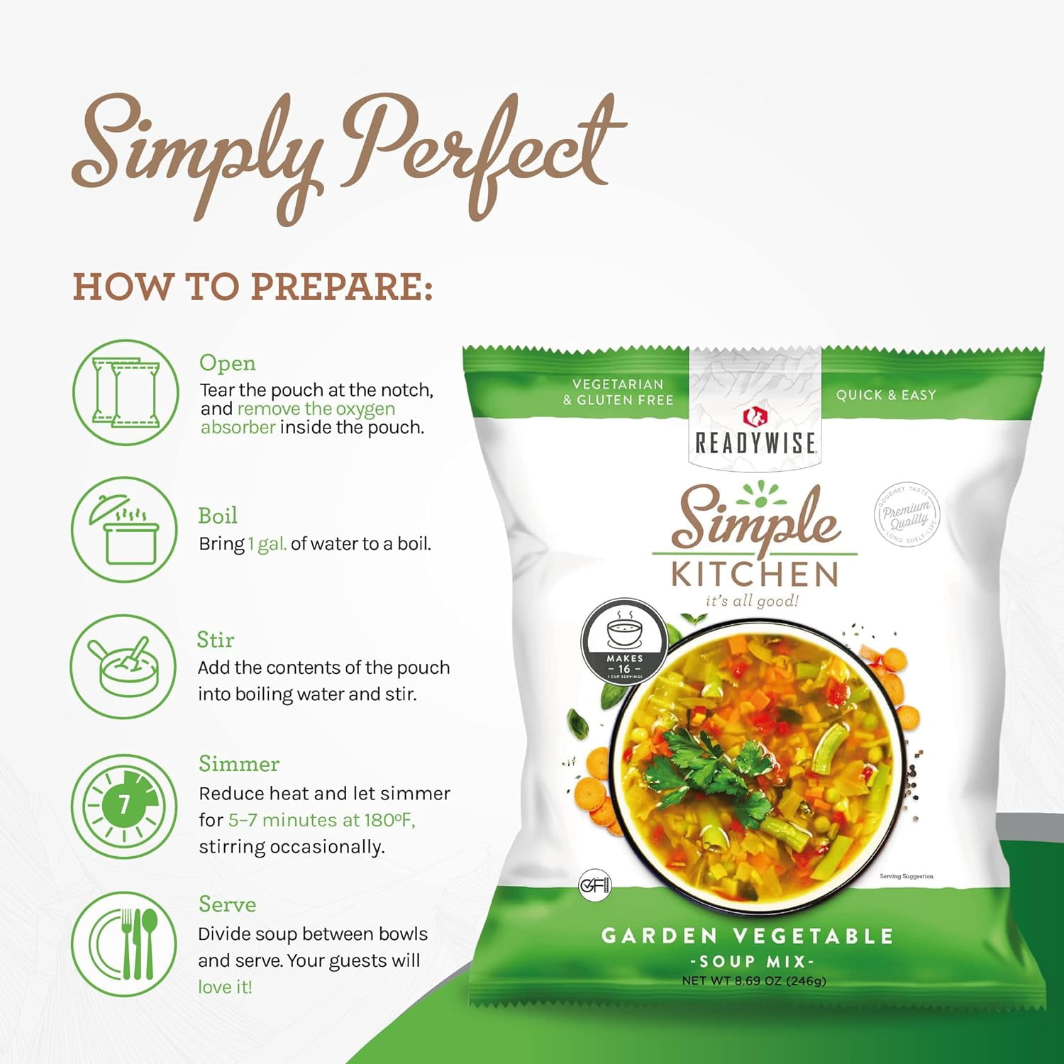 ReadyWise Simple Kitchen Restaurant Quality Soup Mix|Garden Vegetable Soup Mix 16 Servings per Pouch|Professional Series|Food Service,Emergency Food Storage,Caterers,Vegetarian & Gluten-Free,Pack of 4