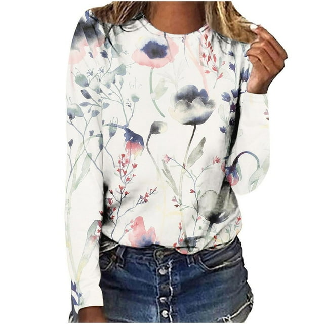 T-shirts à Manches Longues pour Femmes Col Rond Imprimé Floral Tunique Tops Doux Casual Ample