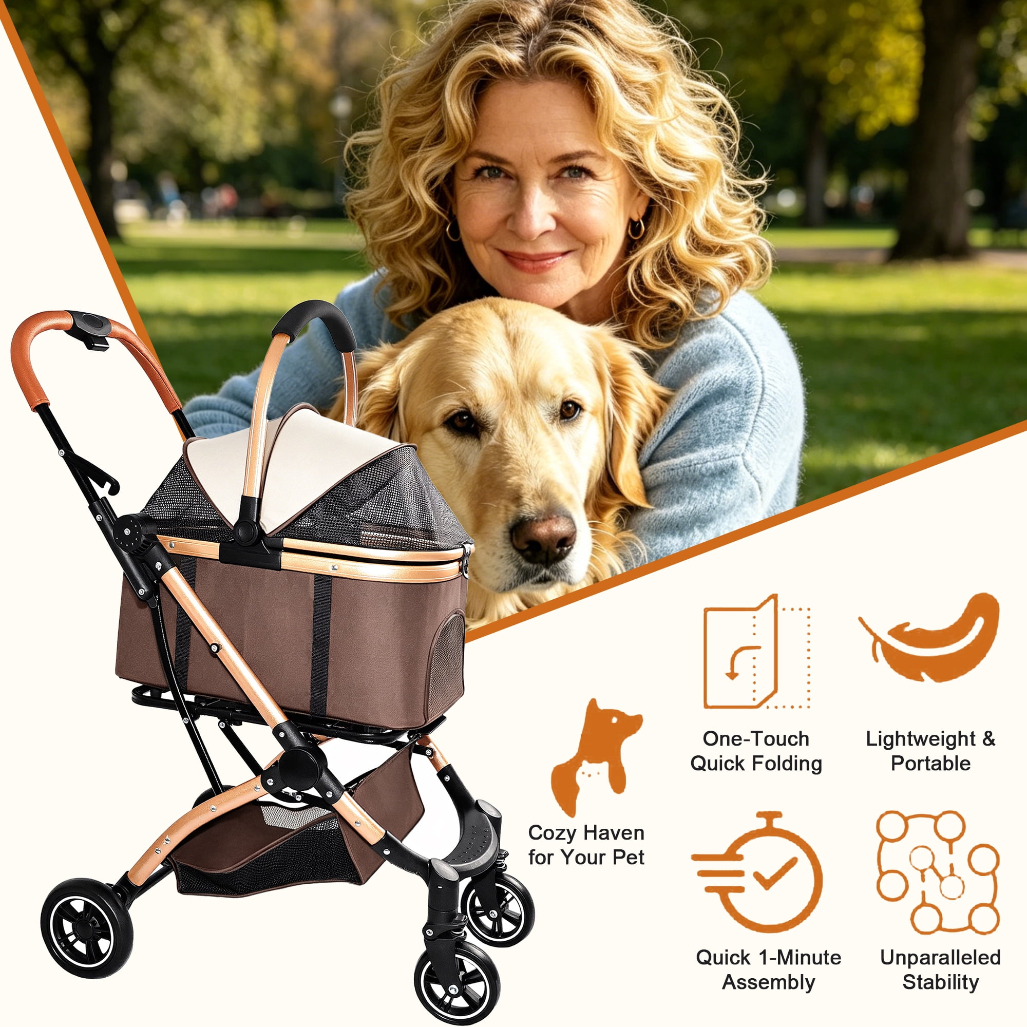 Foldable Pet Stroller for Small/Medium Dogs and Cats, Convertible Pet Cart with Detachable Carrier, Caster & Storage Basket