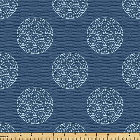 Ambesonne Folkloric Fabric by the Yard Upholstery, Curlicue Waves in Circles, 2 Yards, Dark Sky Blue