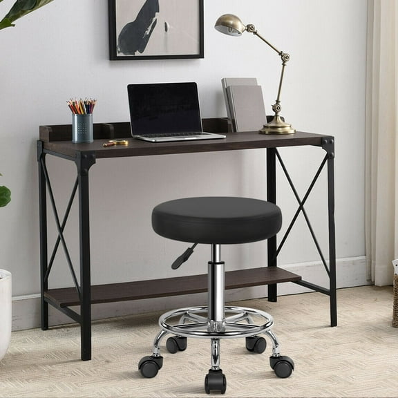 Black PU Leather Round Roller Stool with Footrest, Rotatable, Height Adjustable, Spa, Hair Salon, Tattoo Studio, Office Massage Stool, Work Chair