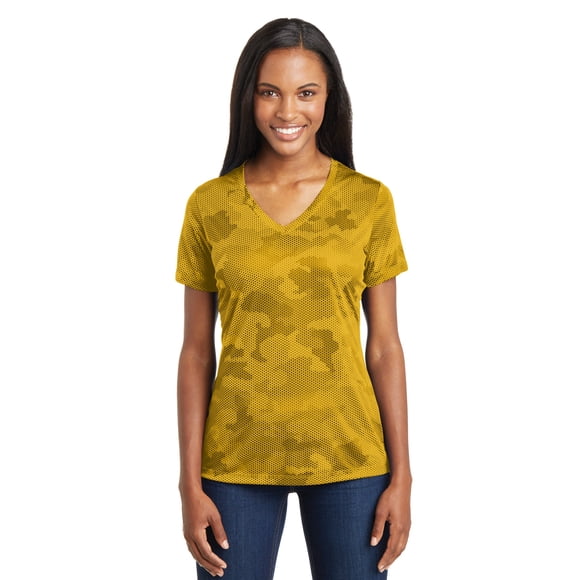 Sport-Tek CamoHex playera con cuello en V para mujer, dorado, pequeño deporte-tek LST370