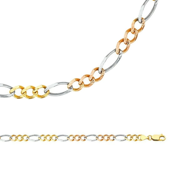 Solid 14k Yellow White Rose Gold Chain Figaro Necklace Concave 3 1 Link Tri Color, 5.5 mm - 20,22,24 inch
