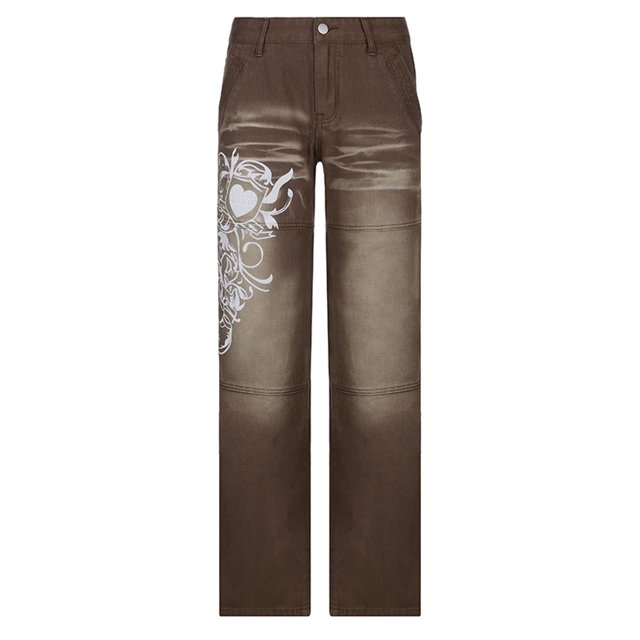 Pantalones de mujer Fashion Street Retro Cintura baja Loose Love Printed Jeans de pierna ancha Fridja hfkajh102106