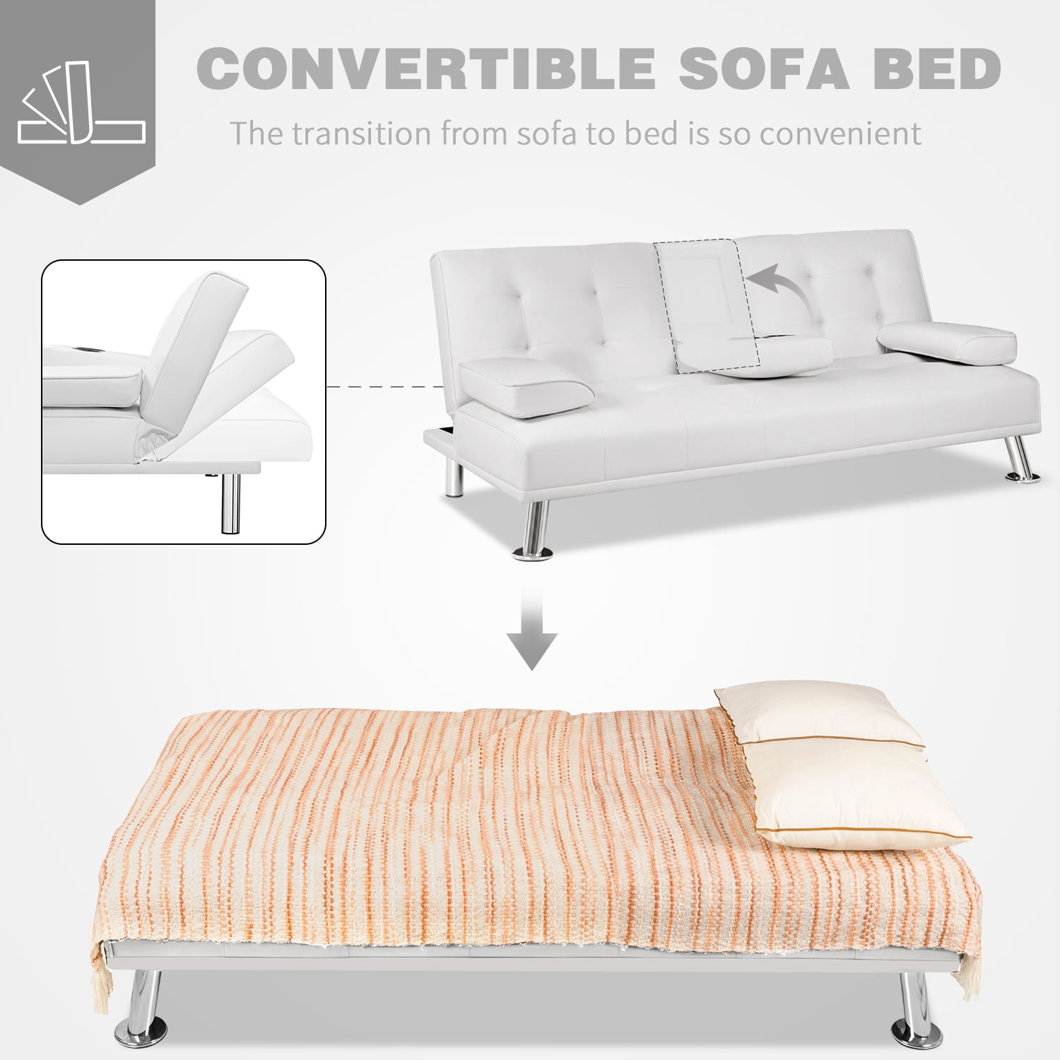 Vineego Modern Sofa Bed Faux Leather Couch Convertible Futon with Two Cupholders, White