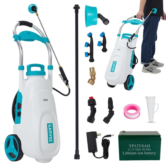 5 Gallons Battery Powered Sprayer with Wheeled Cart, 12V 8Ah Electric Sprayer with 6 Nozzles & 2 Wands, 4-6 Hour Runtime, 90PSI Adjustable Pressure, Trigger Lock, Yard Sprayers for Lawn