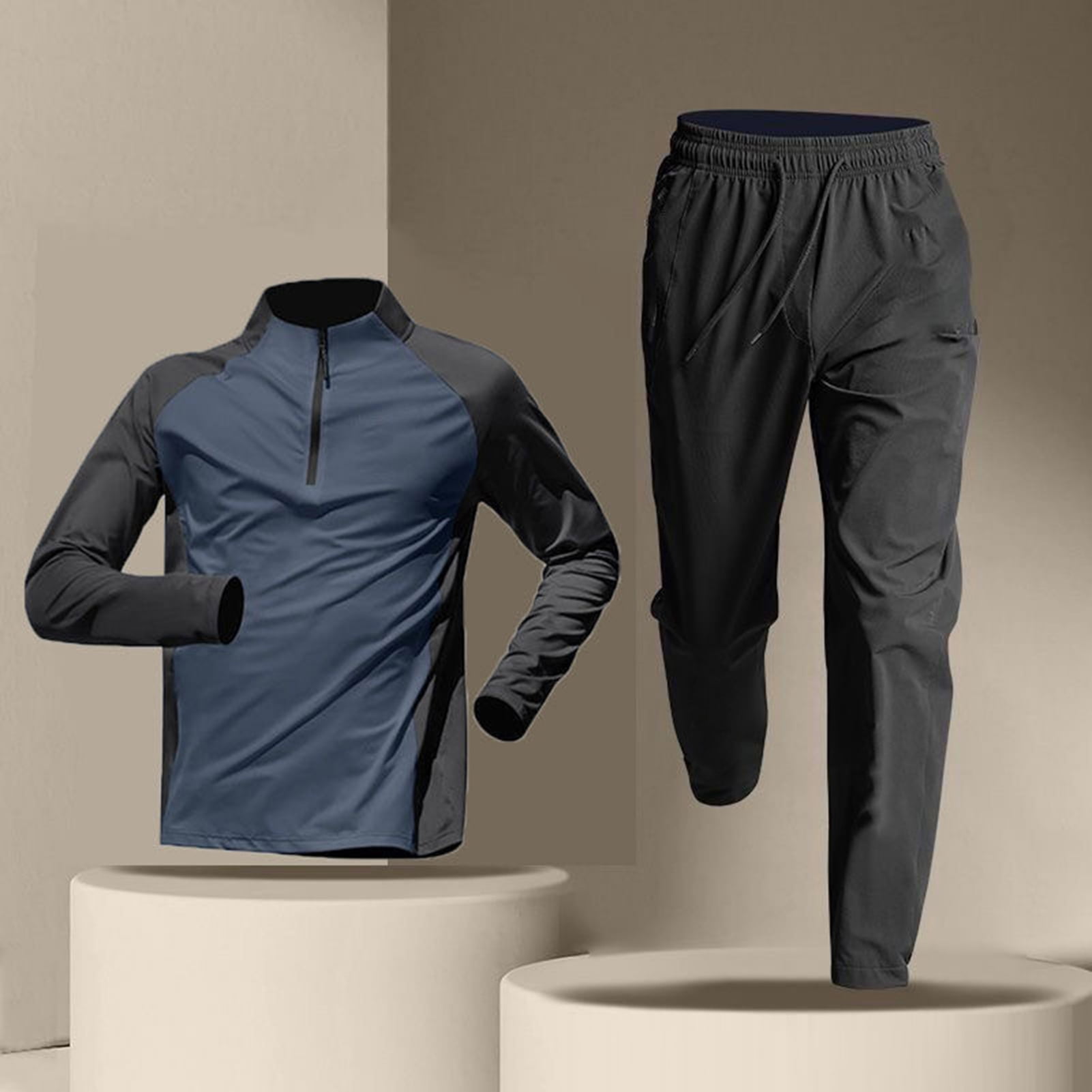 sunsanly 2Pcs/Set Men's Quick-drying Fitness Suit Half-zip T-shirt Trouser Set Sports Track Field Clothes Breathable Sportswear for Running Cycling