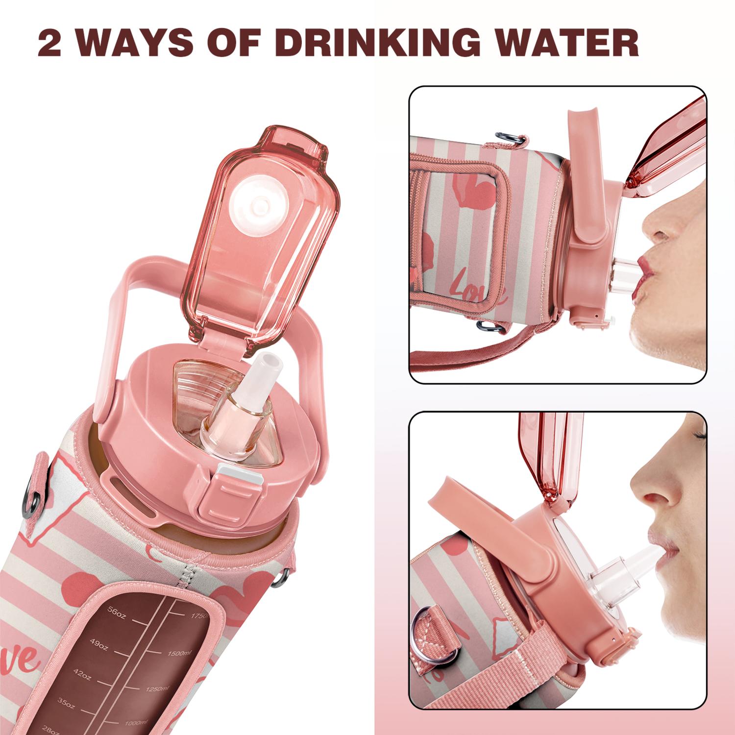 Valentine's Day 64 Oz Half Gallon Water Bottle with Sleeve - BPA Free Leakproof Sport Large Plastic Water Bottle with Straw & Time Marker & Insulated Neoprene Holder Carrier Bag Gift for Women