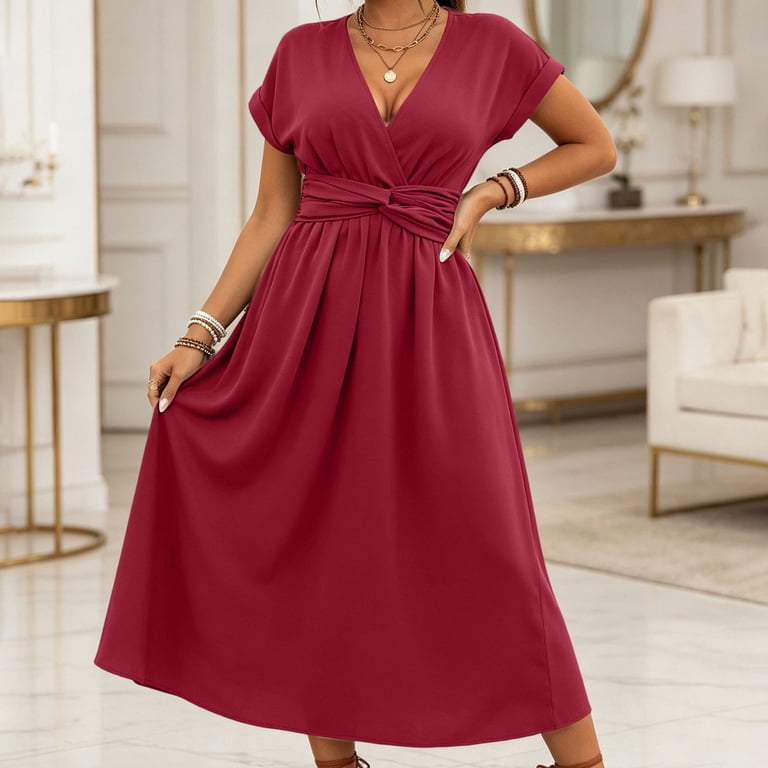 midi red dress wedding guest Stamzod Wedding Guest Dresses for Women Summer V-Neck Cross Waist Midi Dress Casual Short Sleeve formal Party Dresses Red L, Women's, Size: Large