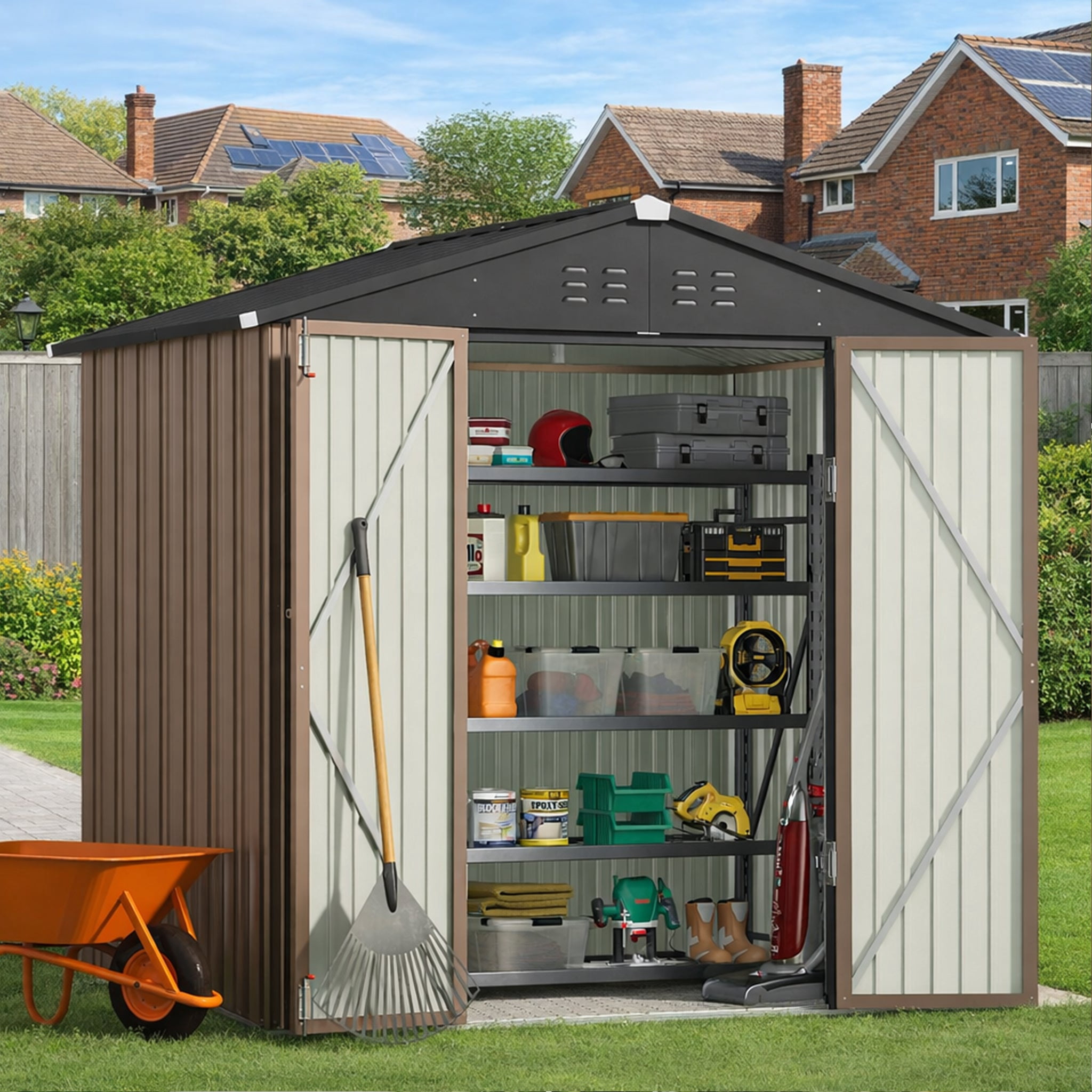 8' x 6' Outdoor Storage Shed with Lockable Double Doors, Weather-Resistant Iron Shed for Garden & Backyard, Brown