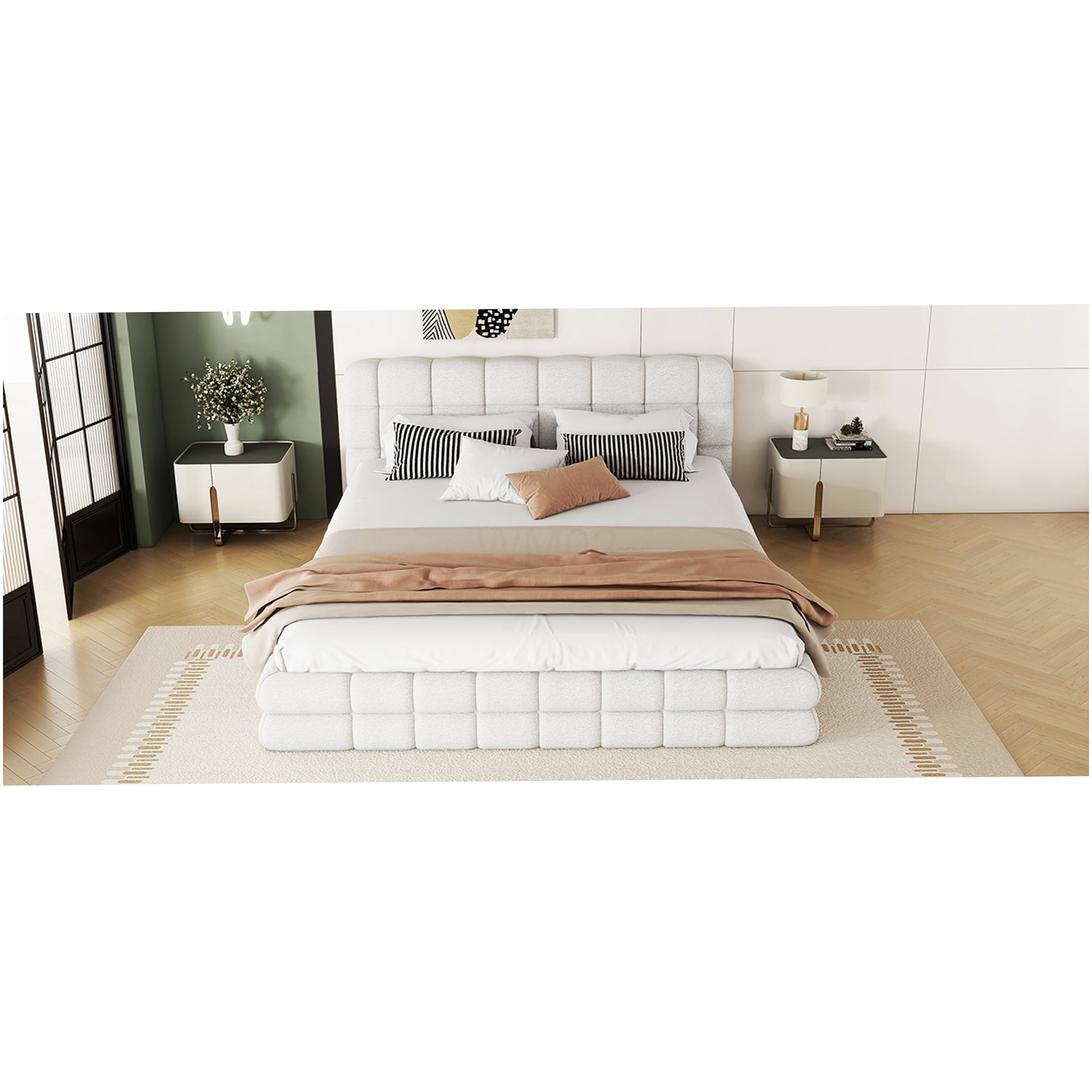 Queen Upholstered Bed Frame with Headboard, Modern Platform Bed with Wood Slat Support, No Box Spring Needed, White