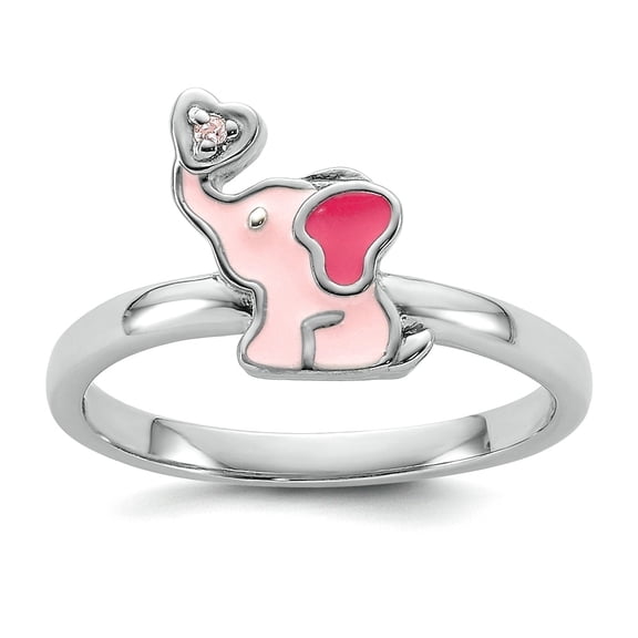 925 Sterling Silver Rhodium Plated Enamel Cubic Zirconia Elephant Ring Size 3 9.5mm Wide 1.4mm Thick Ring
