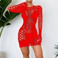thumbnail image 2 of Levmjia Women Fishnet Mini Dress Long Sleeve Sheer Hollow Out Solid Color Tight Bodycon Lingerie Spring Summer Home Sleep Breathable Stretchy Club Night Party, 2 of 4
