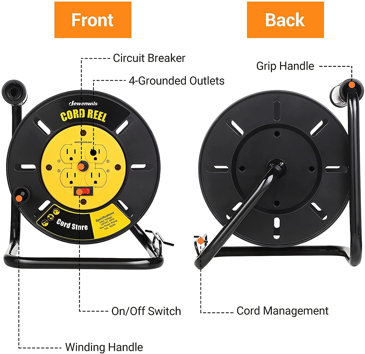 DEWENWILS Extension Cord Reel with 4-Grounded Outlets, Hand Wind Retractable