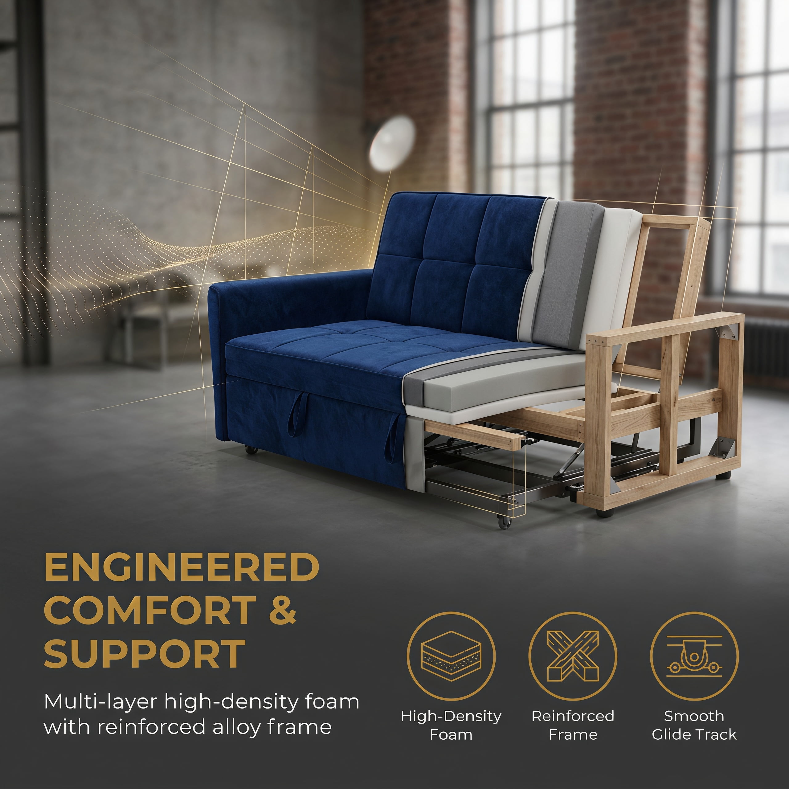 54" Convertible Sleeper Sofa Bed, Modern Velvet 3-in-1 Pull Out Loveseat Couch with 5-Position Backrest & Side Storage Pocket for Living Room, Blue