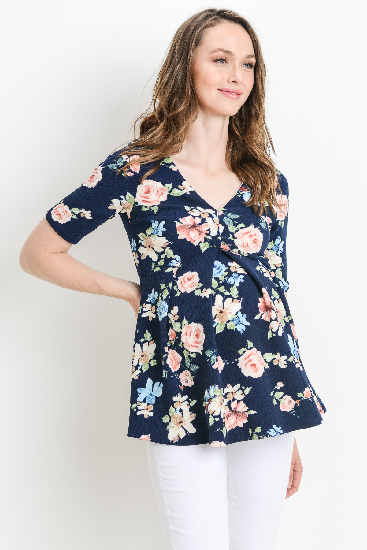 LaClef Women's Floral and Polka Dot Pleated Peplum V Neck Maternity Top