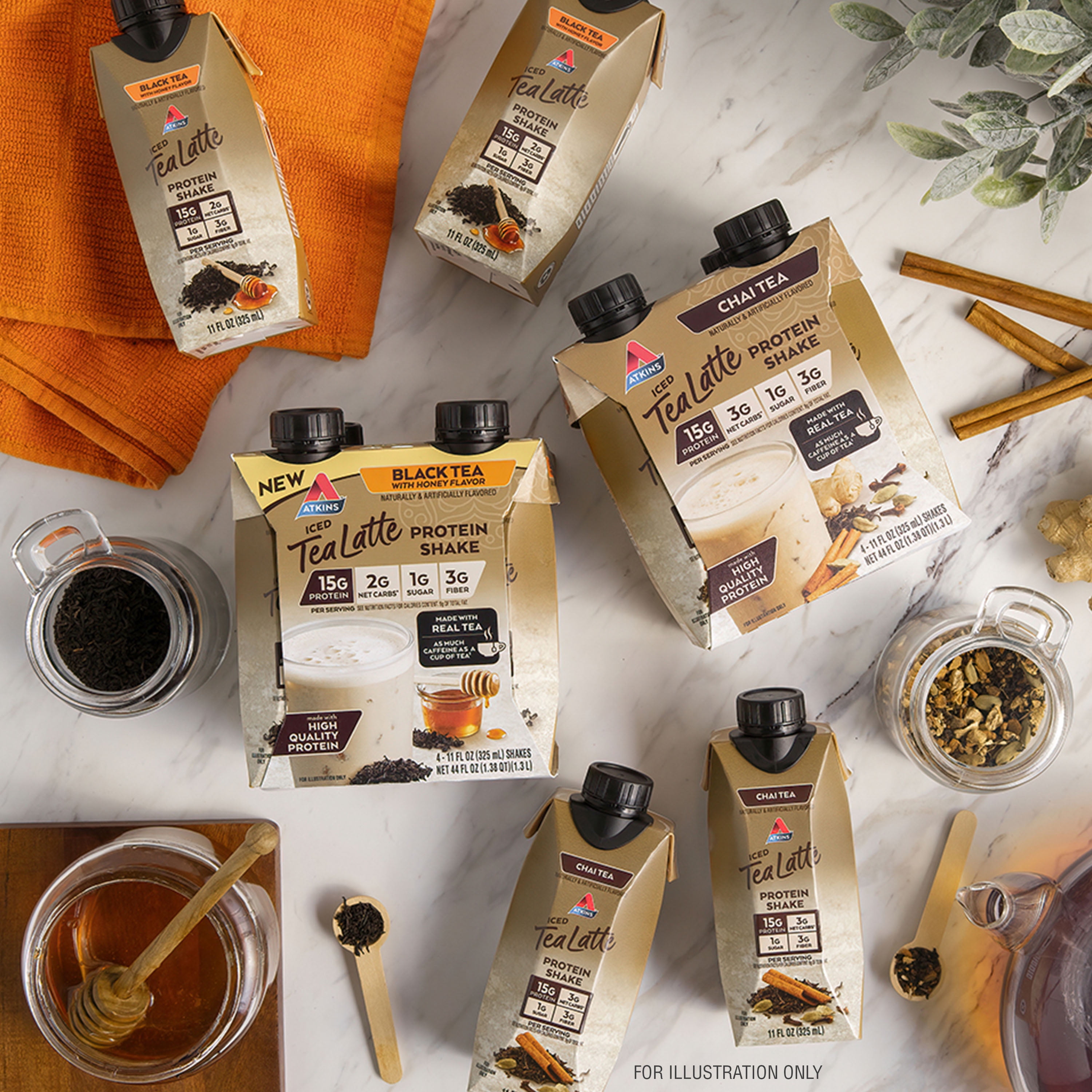 Atkins Black Tea with Honey flavored Protein Latte Shake, Ready to Drink, Made with Real Tea, Low Sugar, 4 Count