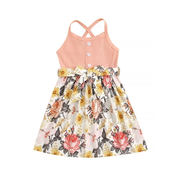 Franhais Girls Dress Ribbed Button Design Sleeveless Sling Floral Print Panel Hem Cute Princess Dress