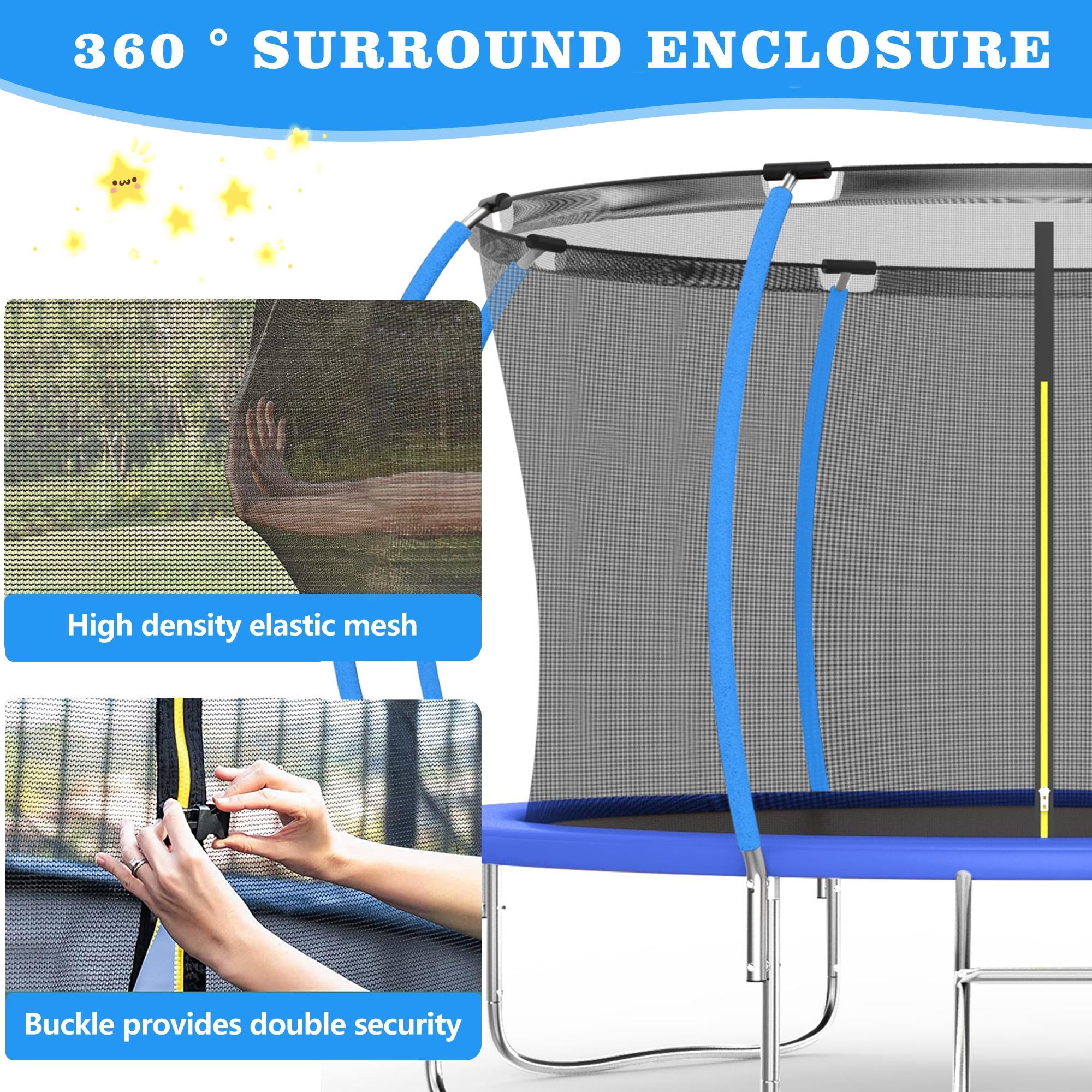 144IN Trampoline for Kids, Seizeen Outdoor Trampolines with Enclosure, 2-IN-1 Large Trampoline with Basketball Hoop, Round Trampoline Anti-collision Curved Design for Backyard Play, Blue
