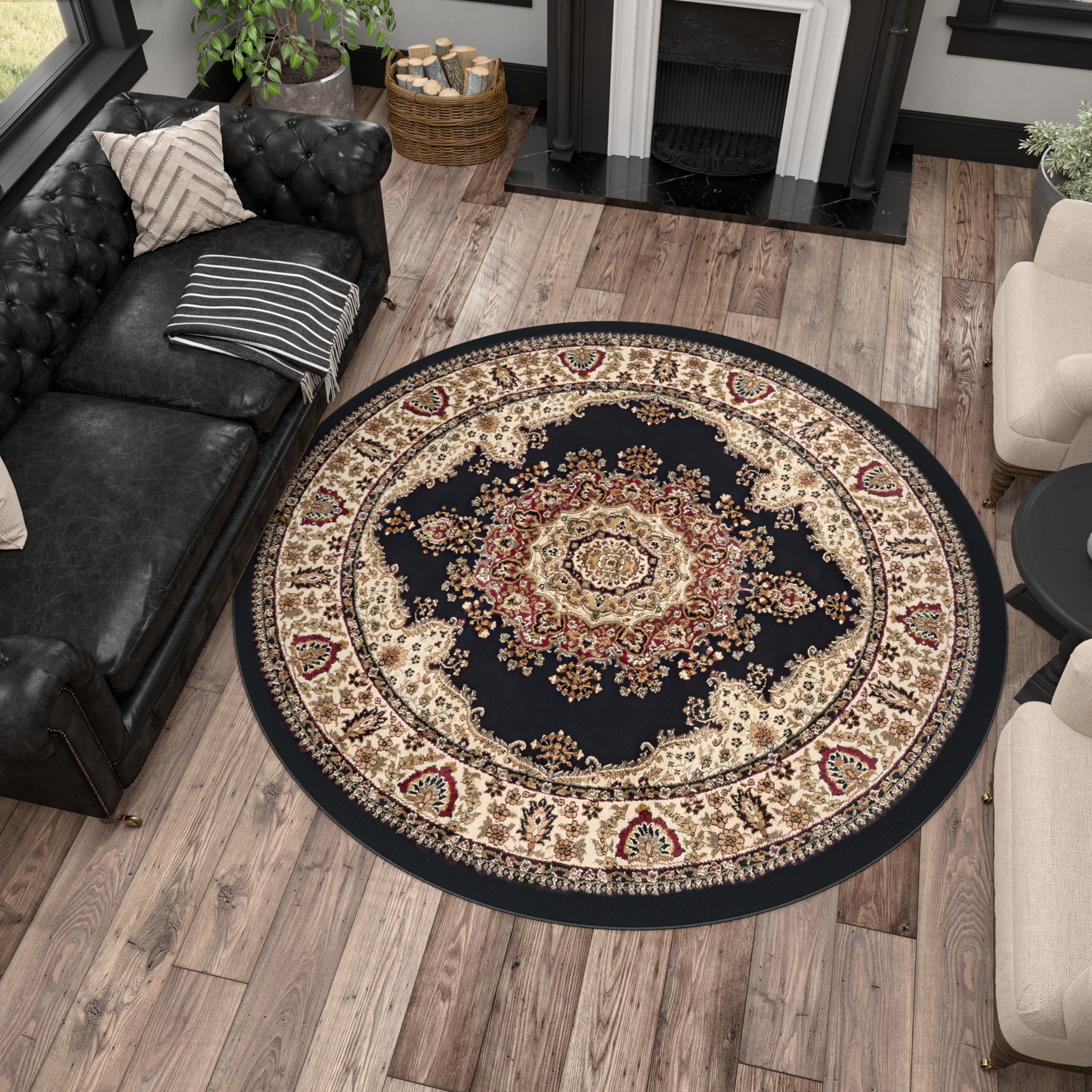 Sensation Transitional 5' Round Black and Beige Polypropylene Indoor Area Rug