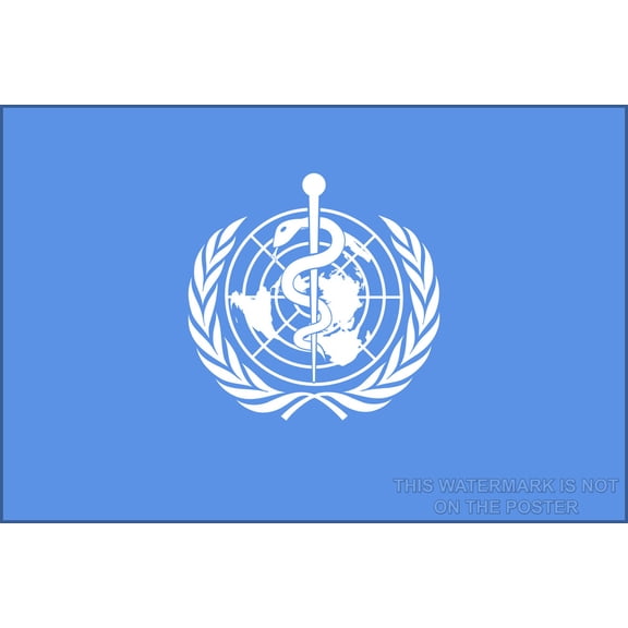 24"x36" Gallery Poster, World Health Organization combines a modern world map (azimuthal equidistant projection) with the Rod of Asclepius